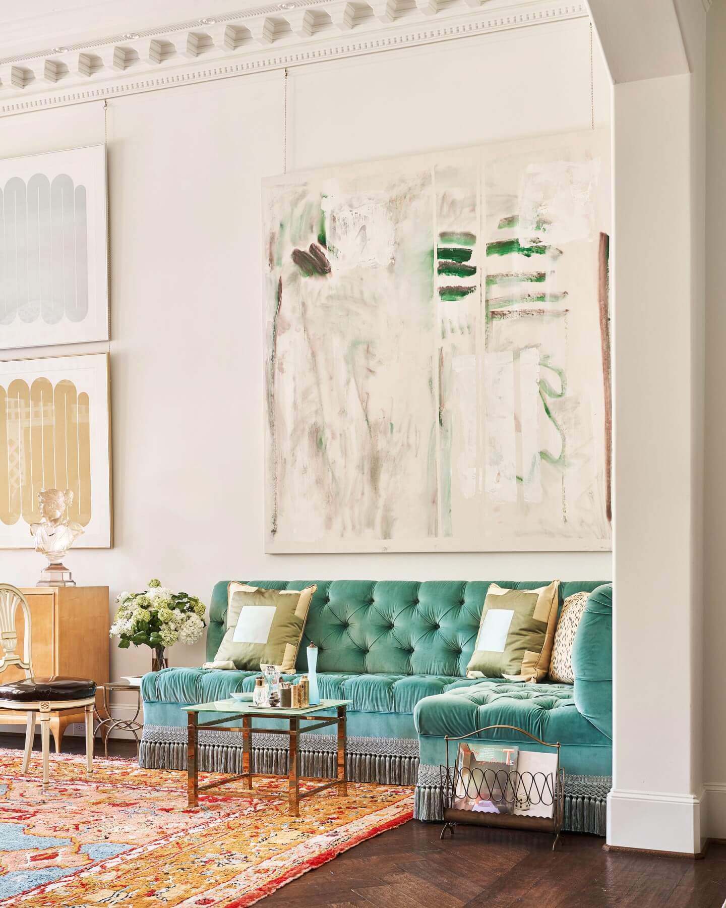 Turquoise corner sofa in a living room designed in an oriental style